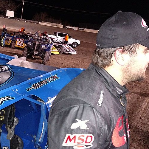 The Reaper being interviewed by Zach Clark after winning the USMTS feature on Friday, Feb. 19, at the Heart O' Texas Speedway in Elm Mott, Texas.